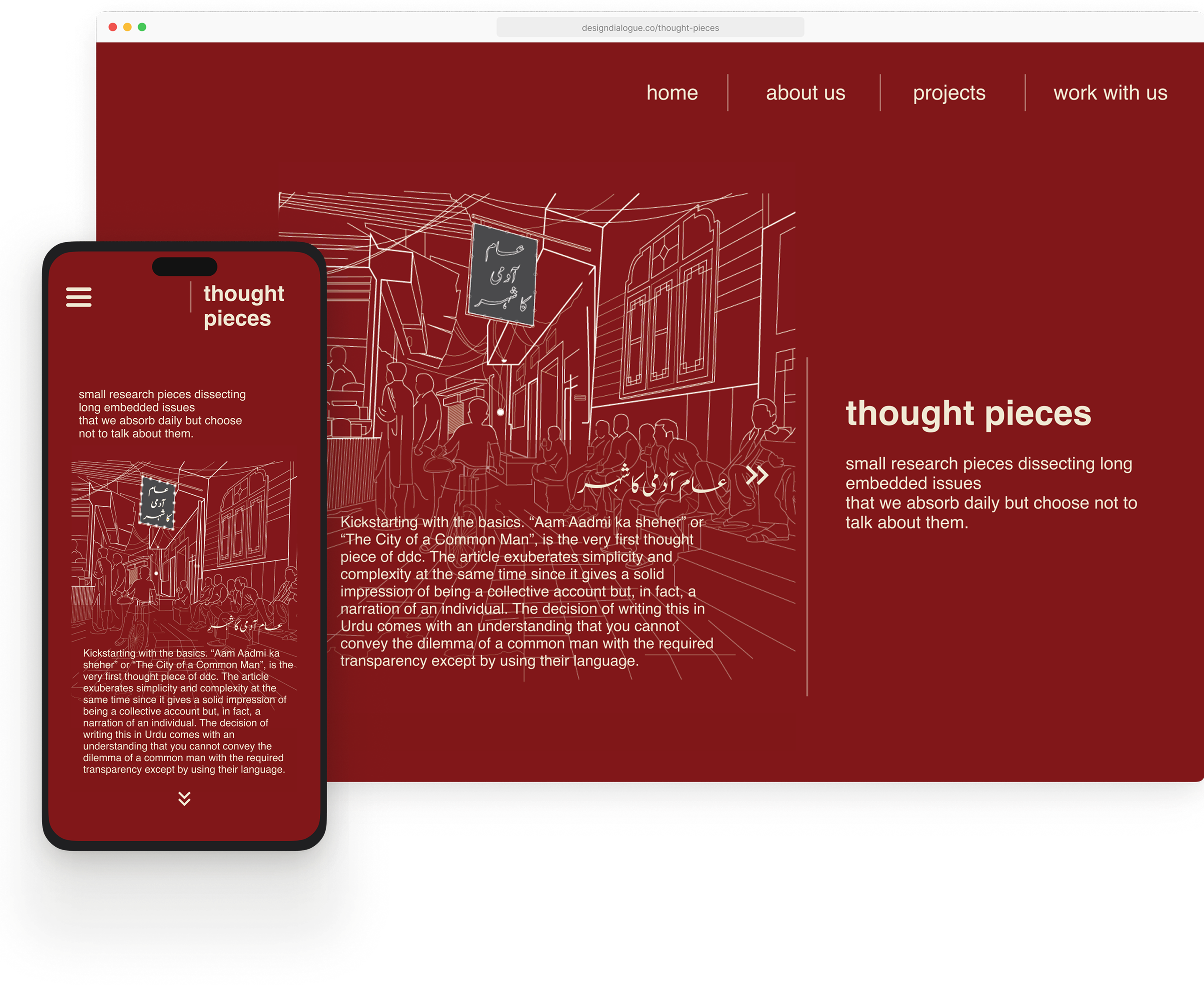 Responsive red Design and Dialogue Collective layout shown on desktop and mobile