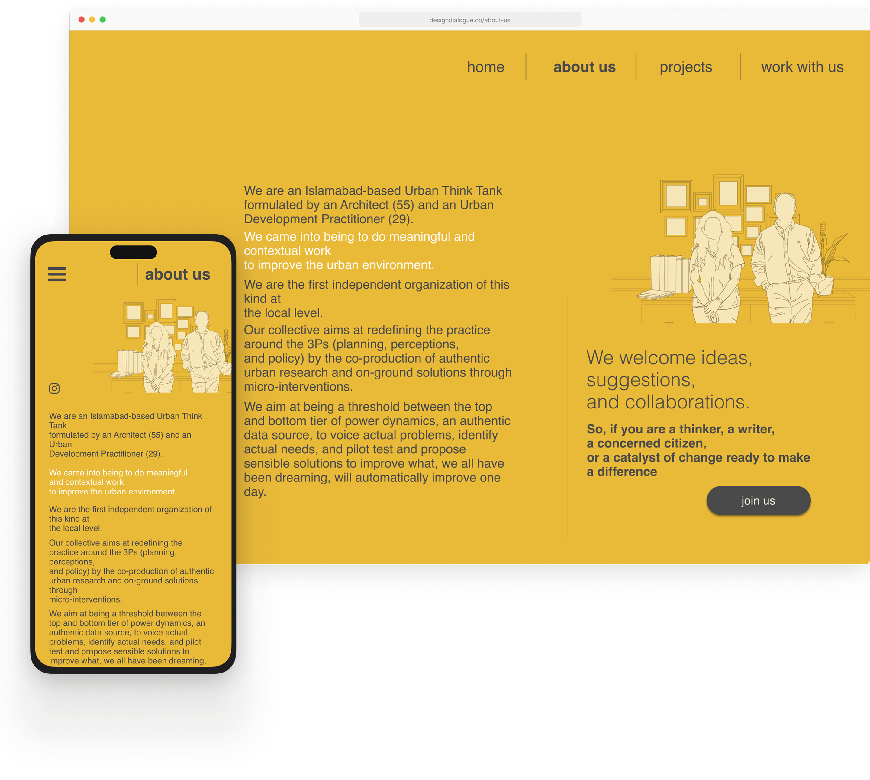 Responsive yellow Design and Dialogue Collective layout shown on desktop and mobile