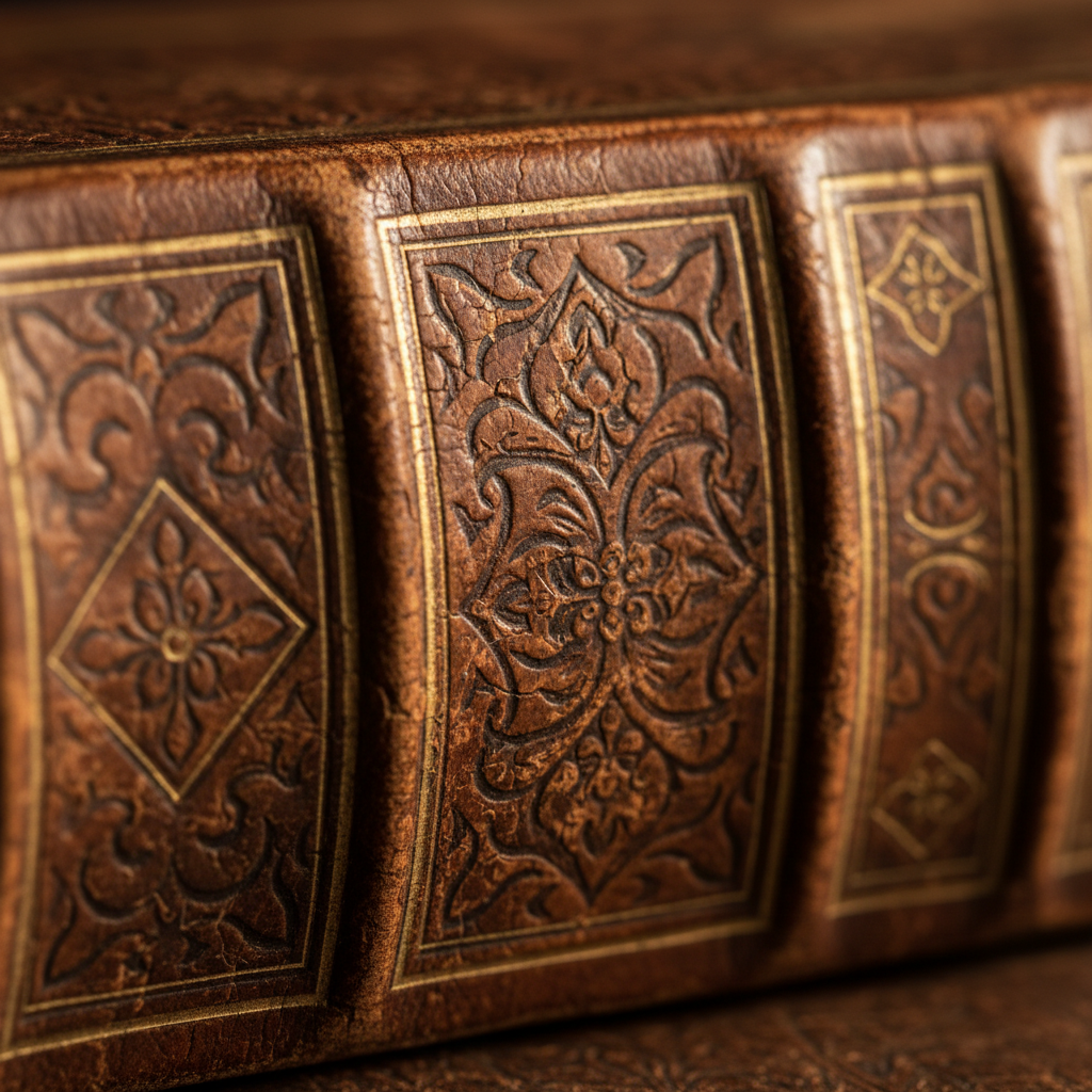 Ornate brown leather book bindings