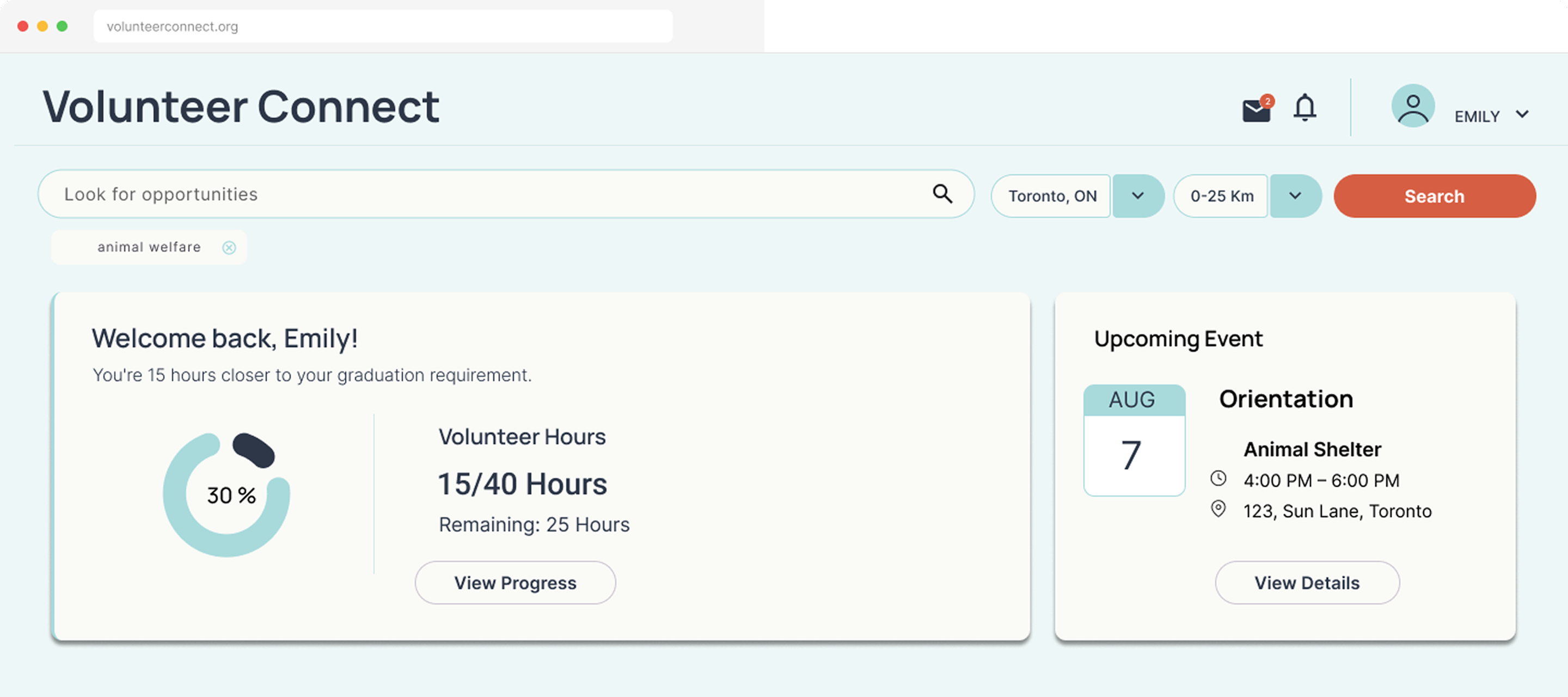 Volunteer Connect interface mockup